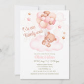 Teddybeer & Roze Ballonnen Baby shower Invitation Kaart (Voorkant)
