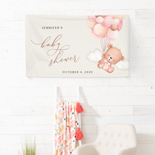 Teddybeer, roze ballonnen, Baby shower welkom Spandoek (Insitu)