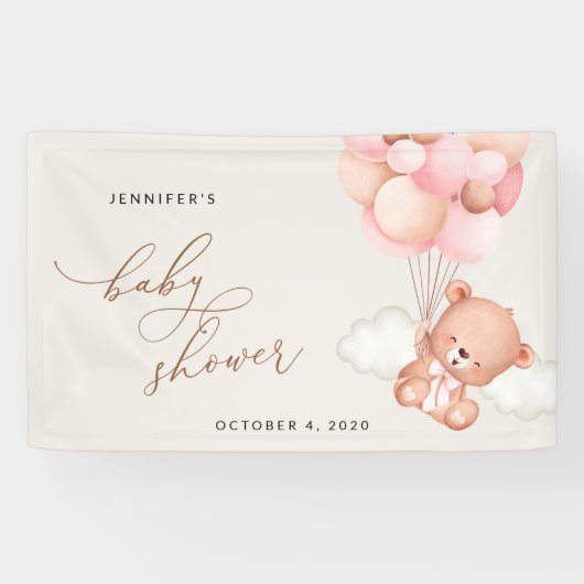 Teddybeer, roze ballonnen, Baby shower welkom Spandoek (Horizontaal)