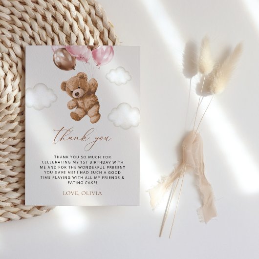 Teddybeer, roze ballonnen, eerste verjaardag bedankkaart