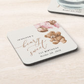 Teddybeer, roze ballonnen, eerste verjaardag bier onderzetter (Linkerzijde)