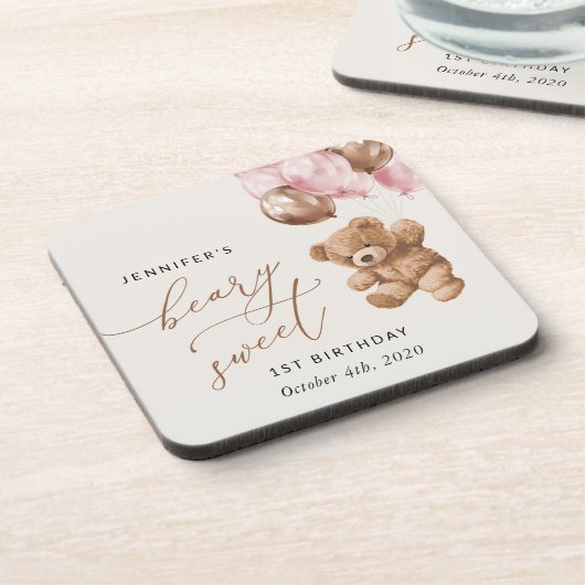 Teddybeer, roze ballonnen, eerste verjaardag bier onderzetter (Linkerzijde)
