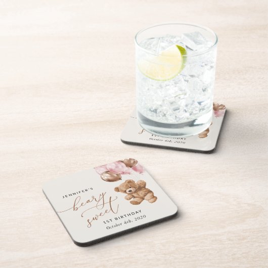 Teddybeer, roze ballonnen, eerste verjaardag bier onderzetter (Rechterzijde)
