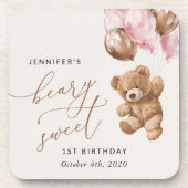 Teddybeer, roze ballonnen, eerste verjaardag bier onderzetter (Voorkant)