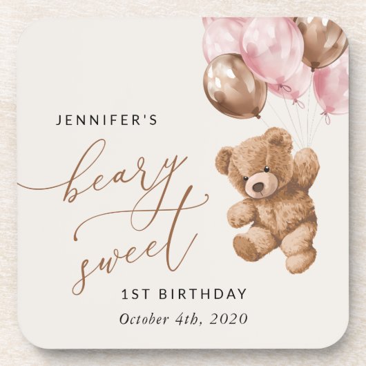 Teddybeer, roze ballonnen, eerste verjaardag bier onderzetter (Voorkant)