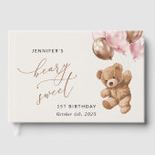 Teddybeer, roze ballonnen, eerste verjaardag gastenboek (Voorkant)
