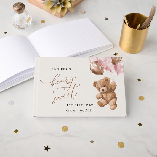Teddybeer, roze ballonnen, eerste verjaardag gastenboek (Voorkant open)