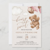 Teddybeer, roze ballonnen, eerste verjaardag kaart (Voorkant)