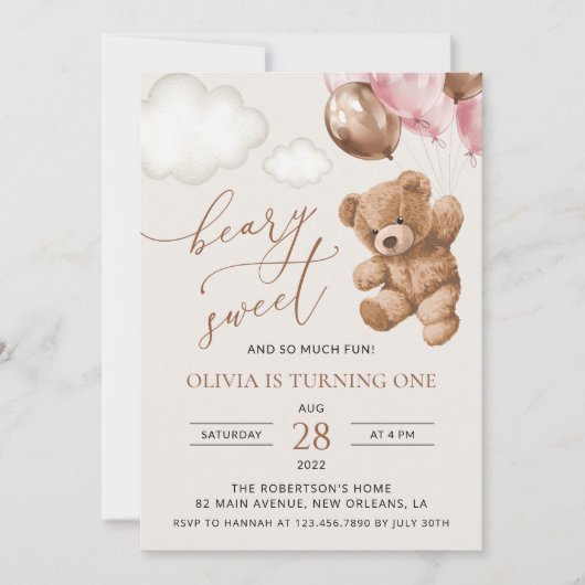 Teddybeer, roze ballonnen, eerste verjaardag kaart (Voorkant)