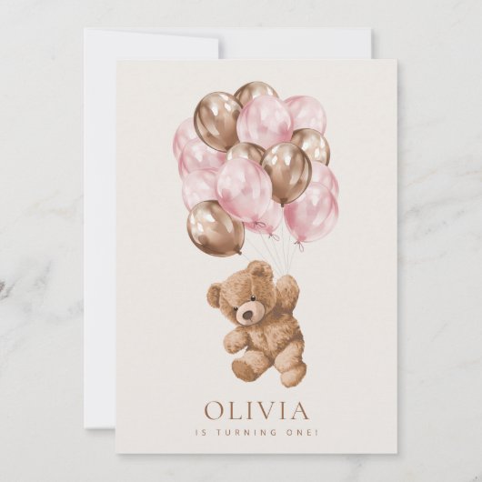 Teddybeer, roze ballonnen, eerste verjaardag kaart (Achterkant)