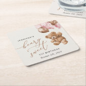 Teddybeer, roze ballonnen, eerste verjaardag kartonnen onderzetters (Schuin)