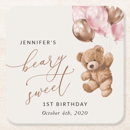 Teddybeer, roze ballonnen, eerste verjaardag kartonnen onderzetters (Voorkant)