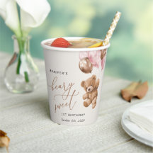 Teddybeer, roze ballonnen, eerste verjaardag