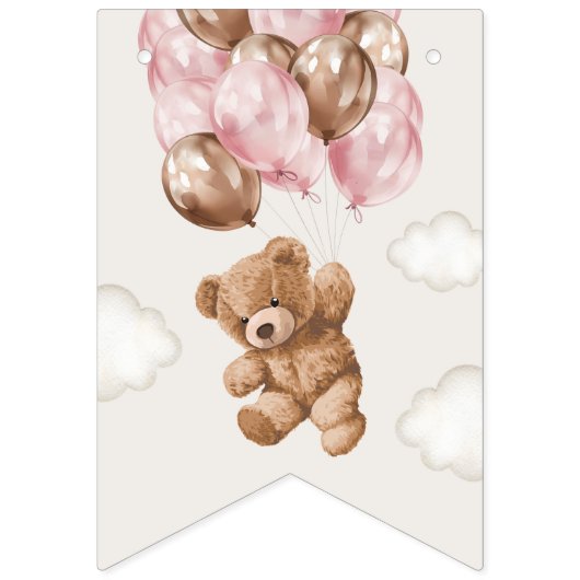 Teddybeer, roze ballonnen, eerste verjaardag vlaggetjes (Eerste vlag)