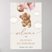 Teddybeer, roze ballonnen, eerste verjaardag welko poster (Voorkant)
