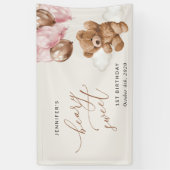 Teddybeer, roze ballonnen, eerste verjaardag welko spandoek (Verticaal)