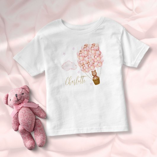 Teddybeer roze ballonnen Gold Script Kinder Shirts