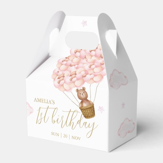 Teddybeer roze ballonnen verjaardagsfeestje bedankdoosjes (Voorkant Zijde)