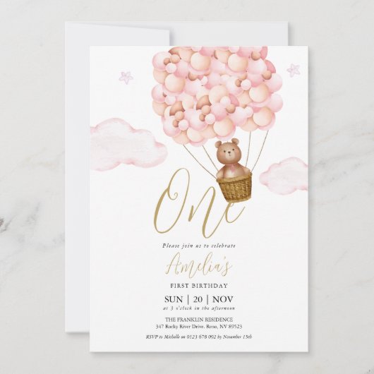 Teddybeer Roze Ballonnen Verjaardagsfeestje Kaart (Voorkant)