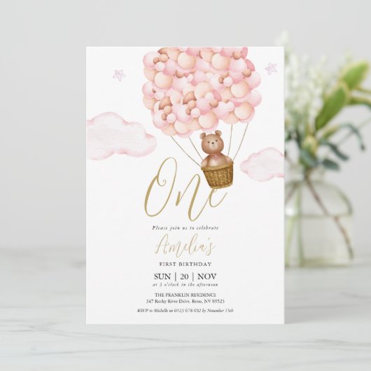 Teddybeer Roze Ballonnen Verjaardagsfeestje Kaart (Staand voorkant)