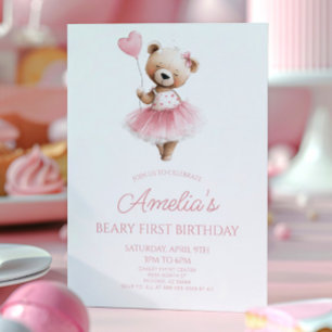 Teddybeer Roze Beary Eerste 1e Verjaardagsfeestje Kaart