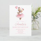 Teddybeer Roze Beary Eerste 1e Verjaardagsfeestje Kaart (Staand voorkant)