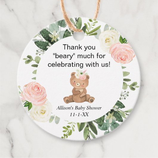 Teddybeer roze bloemenmeisje baby shower dank u bedankjes labels (Voorkant)