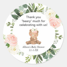 Teddybeer roze bloemenmeisje baby shower dank u ronde sticker