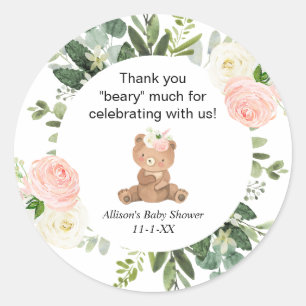 Teddybeer roze bloemenmeisje baby shower dank u ronde sticker