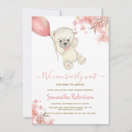 Teddybeer Roze Bloemige Ballon Meisje Baby Shower Kaart (Voorkant)
