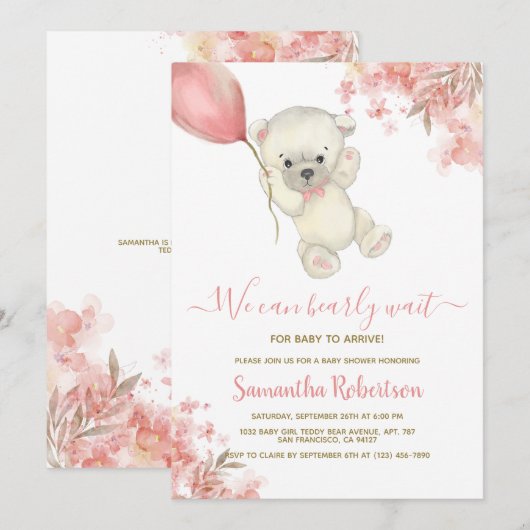 Teddybeer Roze Bloemige Ballon Meisje Baby Shower Kaart (Voorkant / Achterkant)