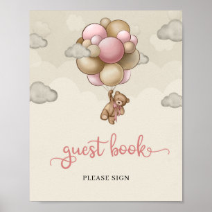 Teddybeer roze bruin ivoren ballonnen gastenboek poster