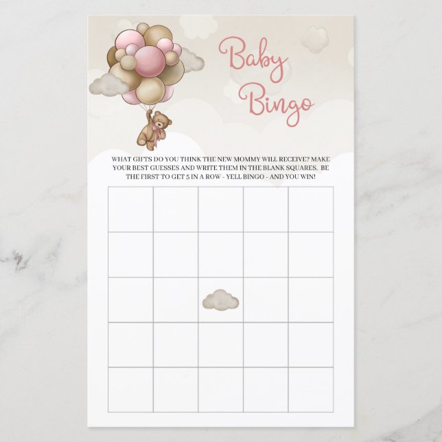 Teddybeer roze bruine ballonnen meisje baby bingo (Voorkant)