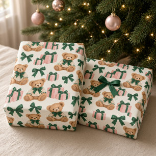 Teddybeer Roze Cadeaus Groene Strik Kerstmis Cadeaupapier