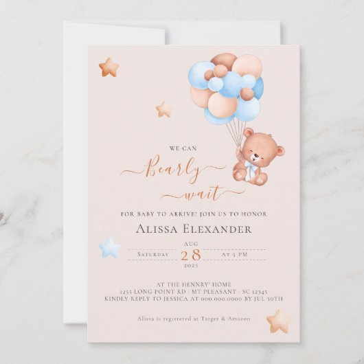 Teddybeer roze en blauw ballonnen baby shower kaart (Voorkant)