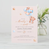 Teddybeer roze en blauw ballonnen baby shower kaart (Staand voorkant)