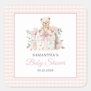 Teddybeer Roze Gingham Bloem Meisje Baby Shower Vierkante Sticker