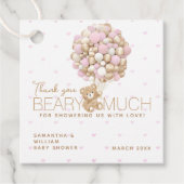 Teddybeer roze hart & ballon baby meisje douche bedankjes labels (Voorkant)