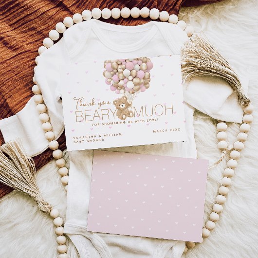 Teddybeer roze hart & ballon baby meisje douche bedankkaart