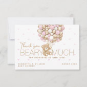 Teddybeer roze hart & ballon baby meisje douche bedankkaart (Voorkant)