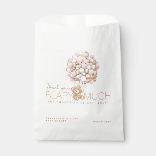 Teddybeer roze hart & ballon baby meisje douche bedankzakje (Voorkant)