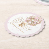 Teddybeer roze hart & ballon baby meisje douche kartonnen onderzetters (Gekanteld)