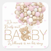 Teddybeer roze hart & ballon baby meisje douche vierkante sticker (Voorkant)
