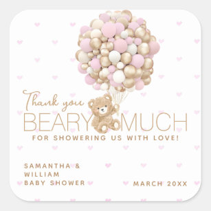 Teddybeer roze hart & ballon baby meisje douche vierkante sticker