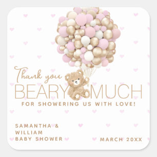 Teddybeer roze hart & ballon baby meisje douche vierkante sticker