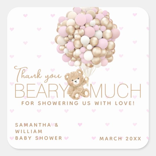 Teddybeer roze hart & ballon baby meisje douche vierkante sticker (Voorkant)