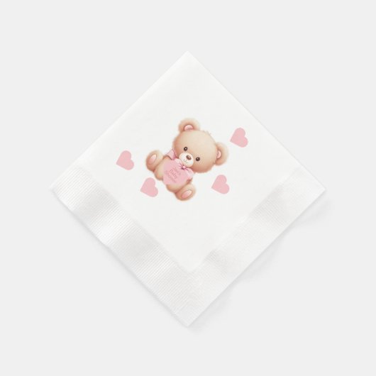 Teddybeer roze harten servet (Hoek)