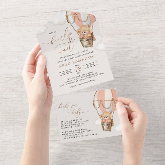 Teddybeer, roze heteluchtballon, Baby shower All In One Uitnodiging (Afscheurbaar)