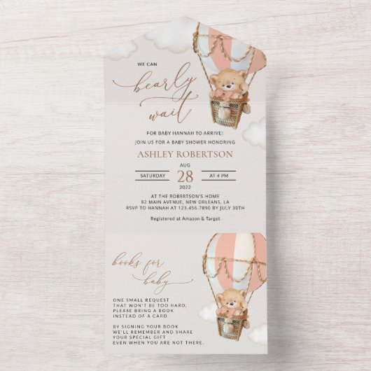 Teddybeer, roze heteluchtballon, Baby shower All In One Uitnodiging (Binnen)