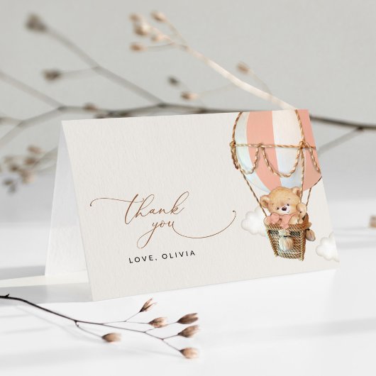 Teddybeer, roze heteluchtballon, Baby shower Bedankkaart